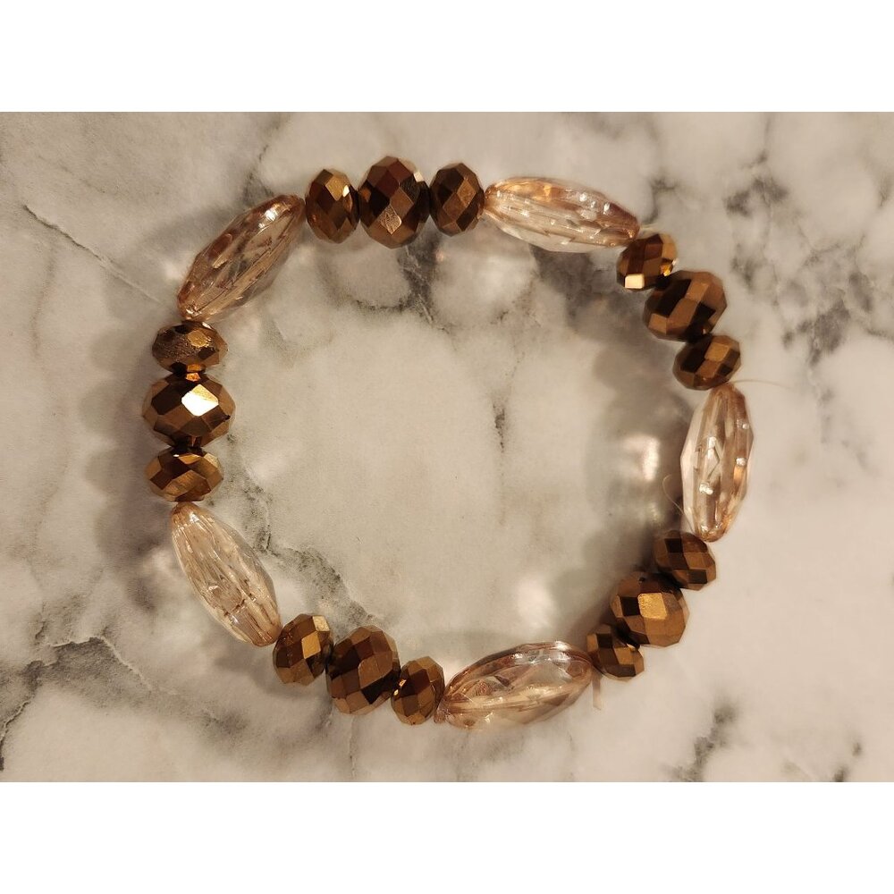 Faceted Glass Bead Stretch Bracelet With Brown & Clear Beads